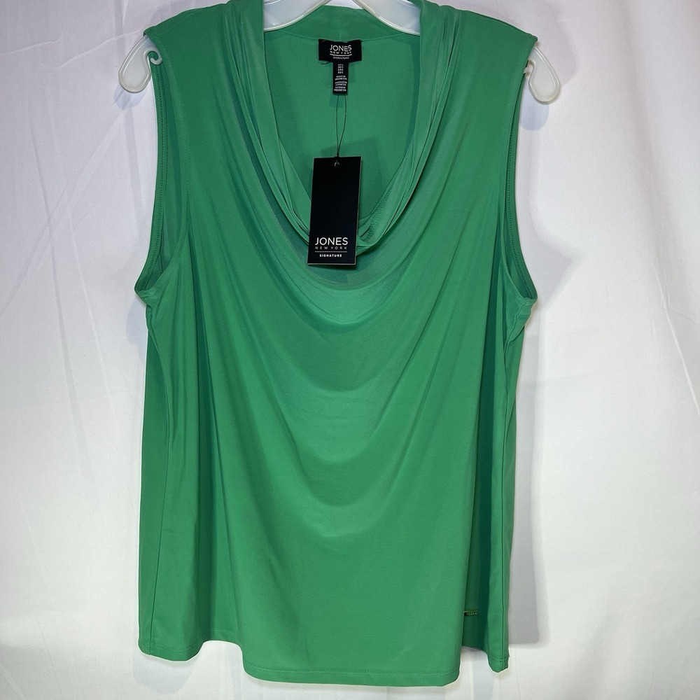 Women's Jones New York Large Top Sleeveless Cowl Neck Solid Green Evening Shiny